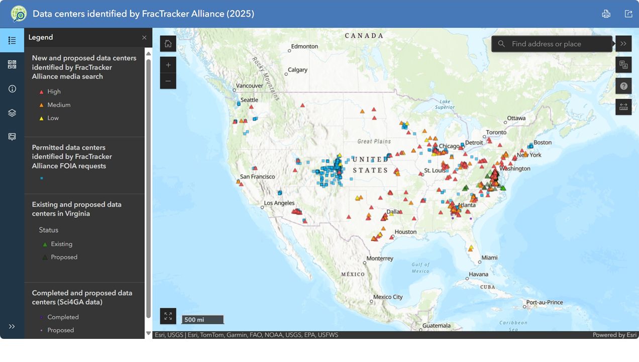 Map of the United States showing data centers identified by FracTracker Alliance, color-coded by type and permitting status, including new, proposed, and FOIA-identified facilities.