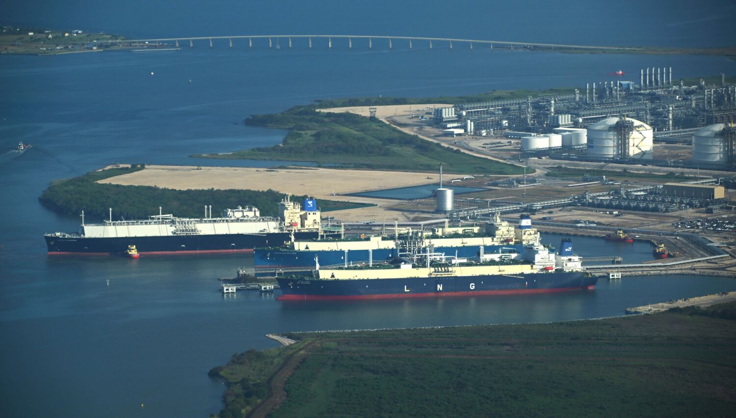 LNG tankers docked at Sabine Pass LNG, LA on the Gulf Coast. Photo credit: Ted Auch, 2023.