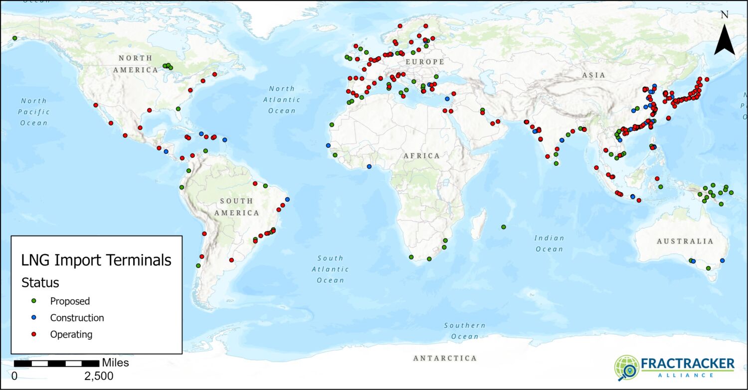 Locations of global LNG import and export terminals. Source: Global Energy Monitor, last updated September 2024.