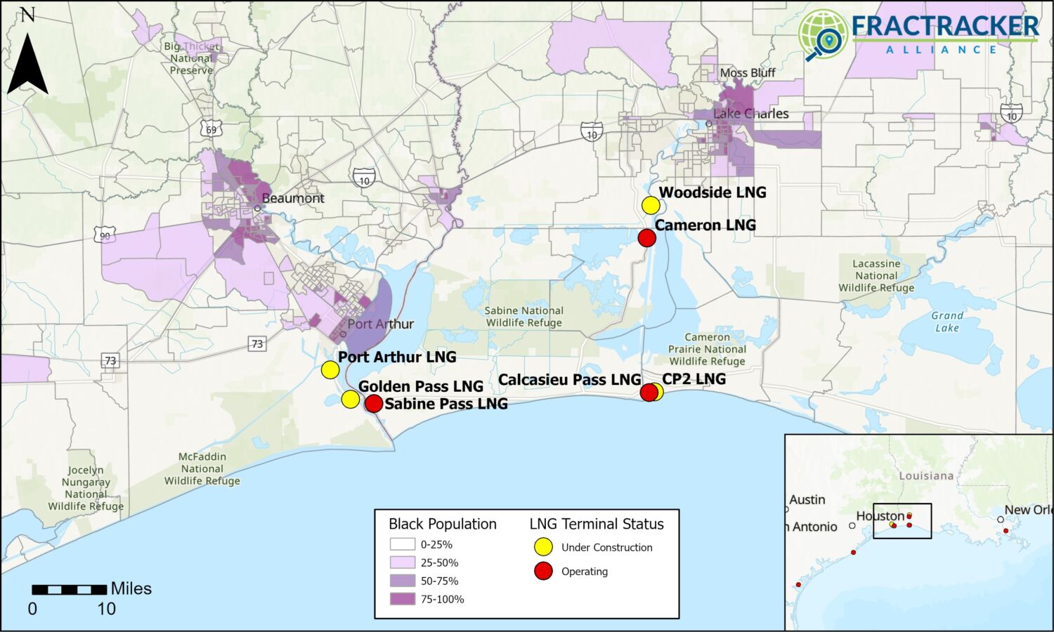 LNG Terminals near Cameron Parish, LA, active and under construction. Sources: Sierra Club, U.S. Census 2022 block group demographics, last updated September, 2025.
