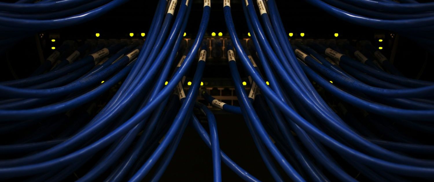 Close-up of blue Ethernet cables plugged into a network switch, with indicator lights glowing, inside a data center server rack.