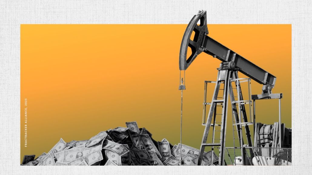 A black-and-white oil pumpjack extracting money instead of oil, symbolizing government subsidies for fossil fuel companies. The foreground features a pile of U.S. dollar bills, emphasizing financial support for the industry. The background is a textured gradient of red and orange, evoking themes of urgency and economic influence. The image, created by FracTracker Alliance in 2025, highlights the contradiction between free-market rhetoric and the industry's reliance on government aid.